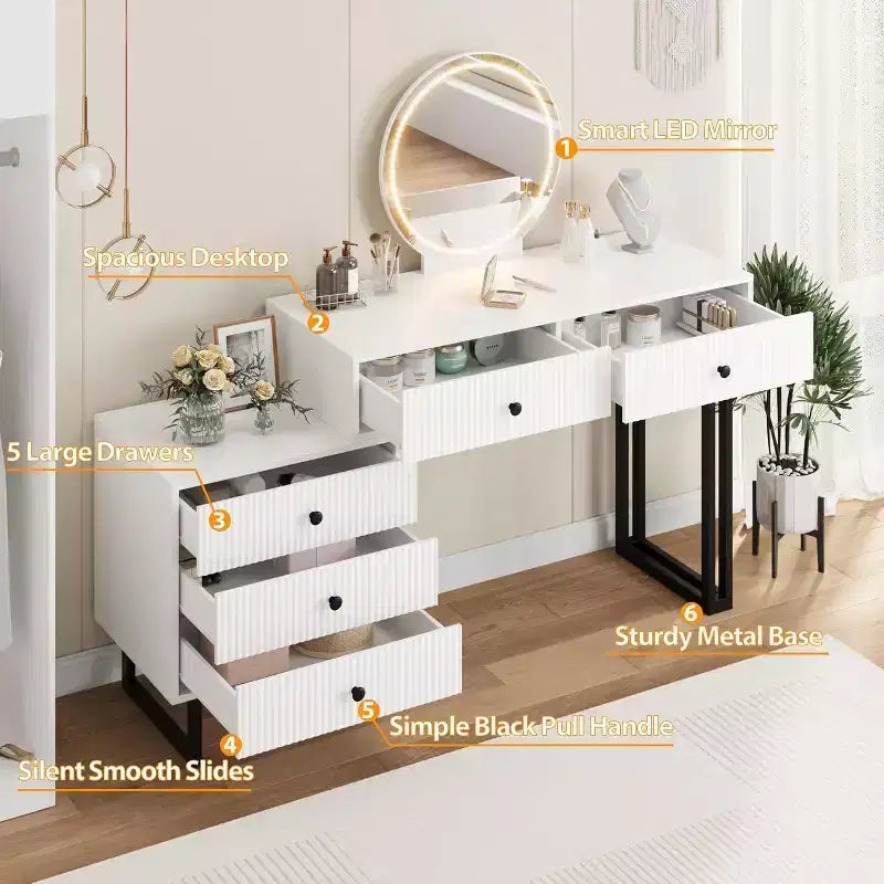 Tocador con specchio e luci, mobile trucco con 5 cassetti per camera da letto
