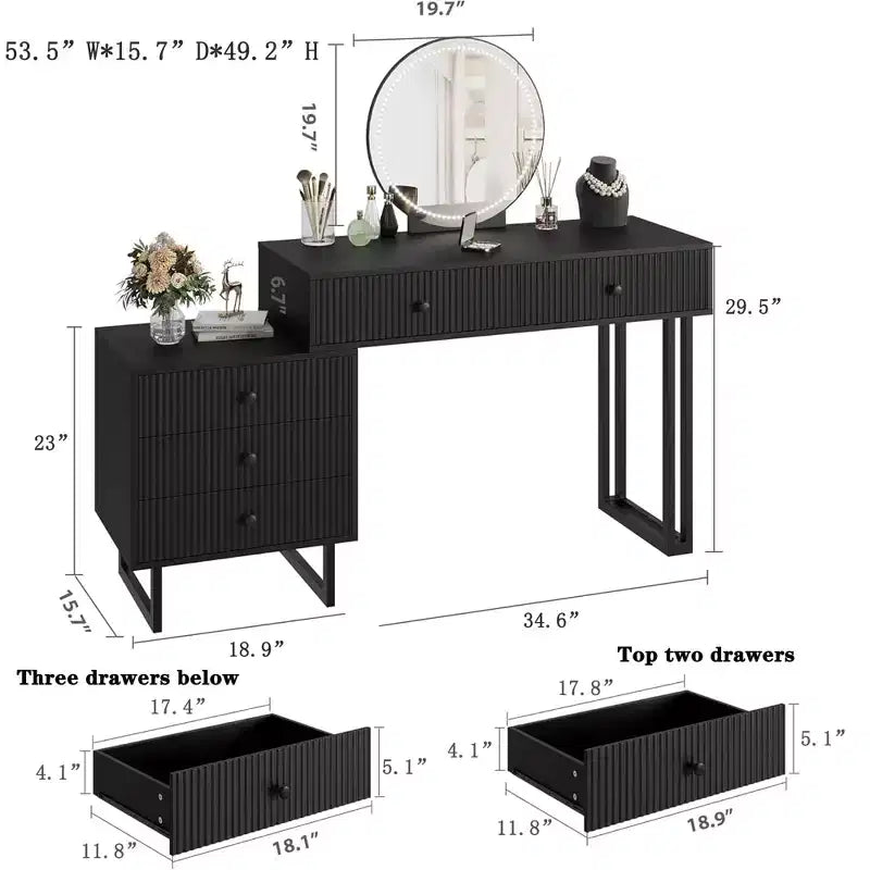 Tocador con specchio e luci, mobile trucco con 5 cassetti per camera da letto