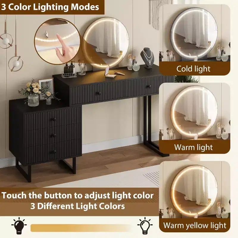 Tocador con specchio e luci, mobile trucco con 5 cassetti per camera da letto