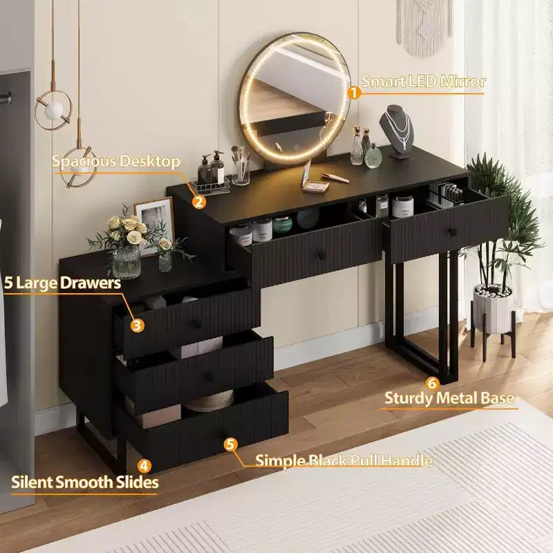 Tocador con specchio e luci, mobile trucco con 5 cassetti per camera da letto
