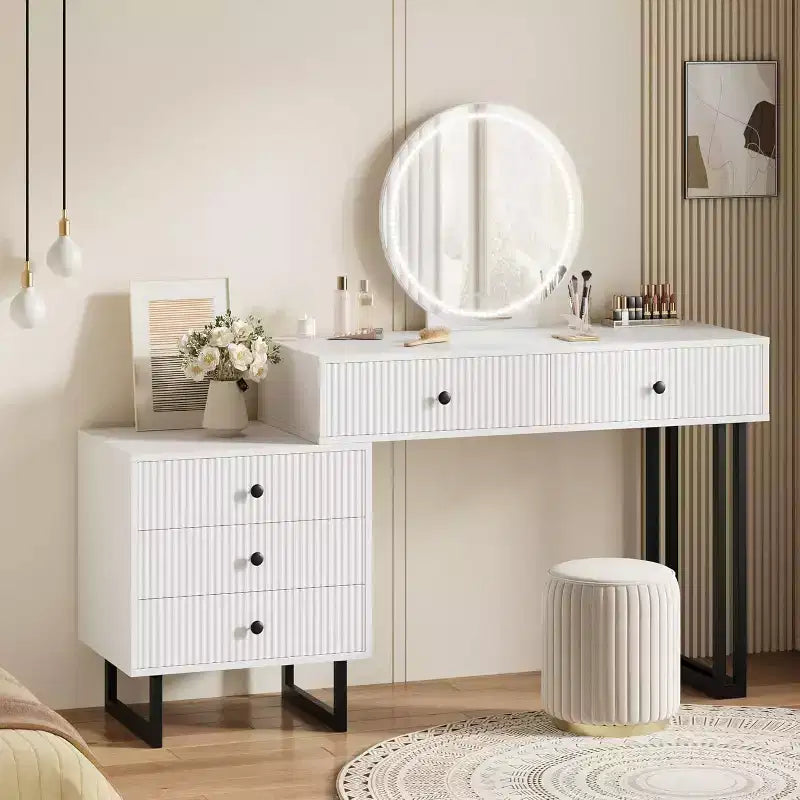 Tocador con specchio e luci, mobile trucco con 5 cassetti per camera da letto