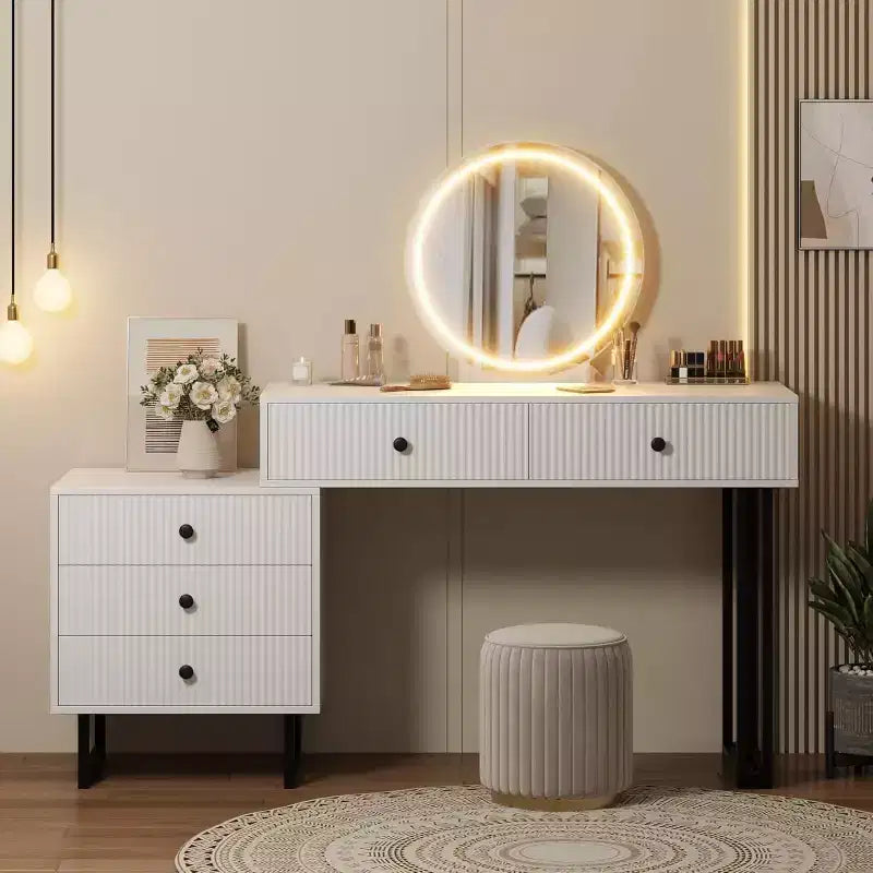 Tocador con specchio e luci, mobile trucco con 5 cassetti per camera da letto