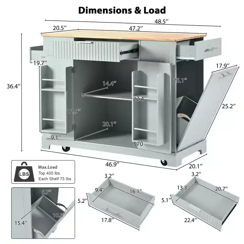 Isola da Cucina Scanalata con Mobile Contenitore per Pattumiera, Isole da Cucina Mobili su Ruote con Cassetto