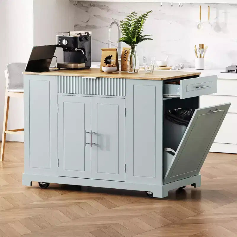 Isola da Cucina Scanalata con Mobile Contenitore per Pattumiera, Isole da Cucina Mobili su Ruote con Cassetto