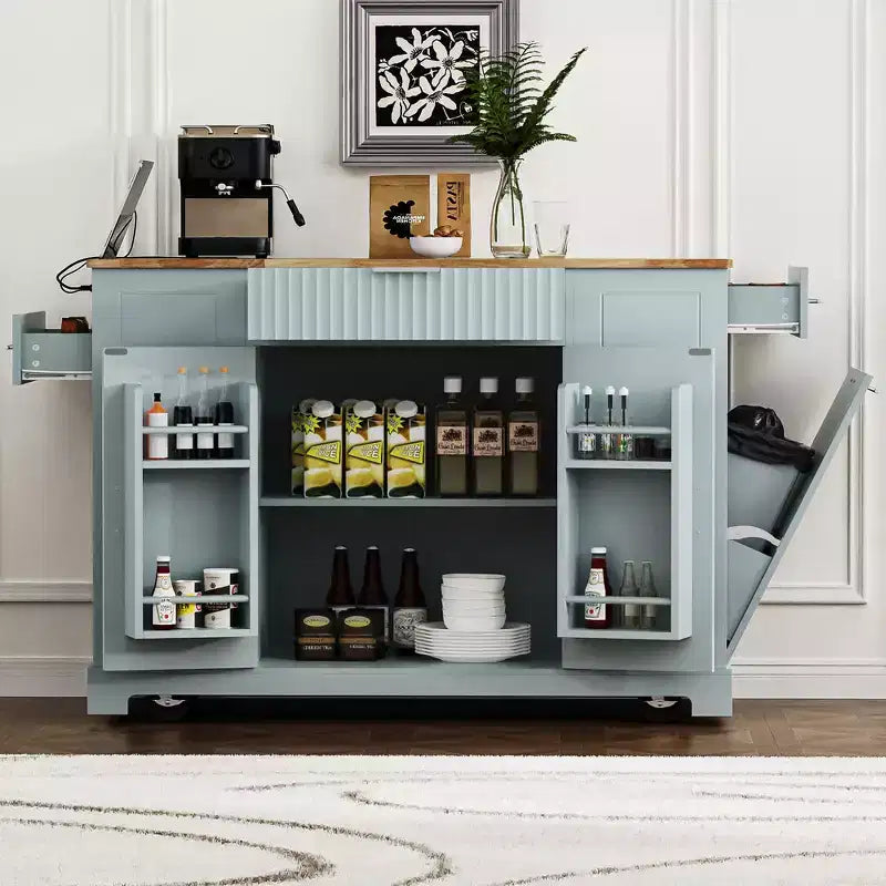 Isola da Cucina Scanalata con Mobile Contenitore per Pattumiera, Isole da Cucina Mobili su Ruote con Cassetto