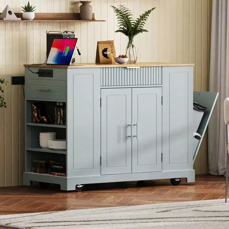 Isola da Cucina Scanalata con Mobile Contenitore per Pattumiera, Isole da Cucina Mobili su Ruote con Cassetto