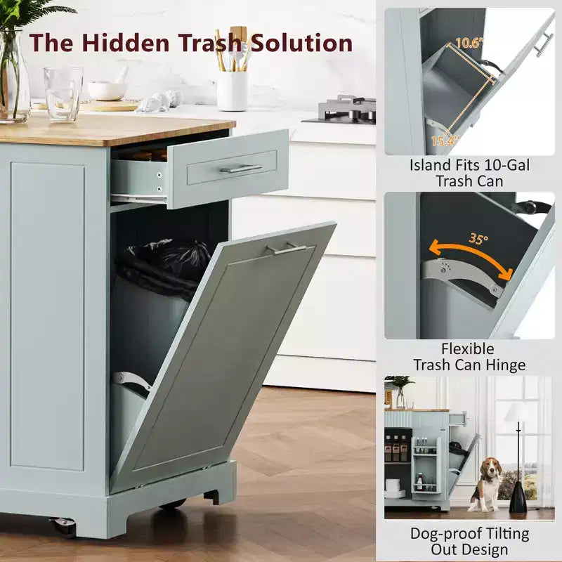 Isola da Cucina Scanalata con Mobile Contenitore per Pattumiera, Isole da Cucina Mobili su Ruote con Cassetto