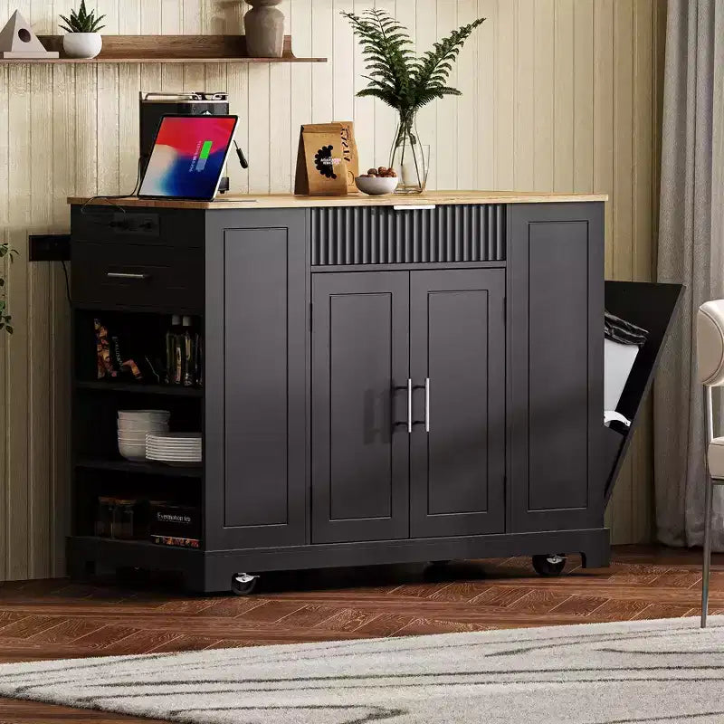 Isola da Cucina Scanalata con Mobile Contenitore per Pattumiera, Isole da Cucina Mobili su Ruote con Cassetto