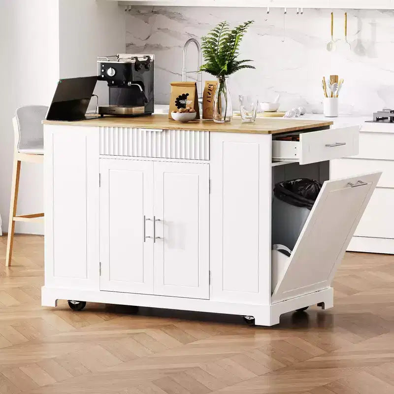 Isola da Cucina Scanalata con Mobile Contenitore per Pattumiera, Isole da Cucina Mobili su Ruote con Cassetto