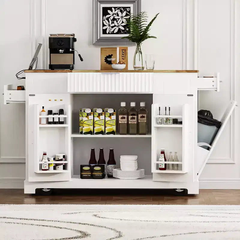 Isola da Cucina Scanalata con Mobile Contenitore per Pattumiera, Isole da Cucina Mobili su Ruote con Cassetto