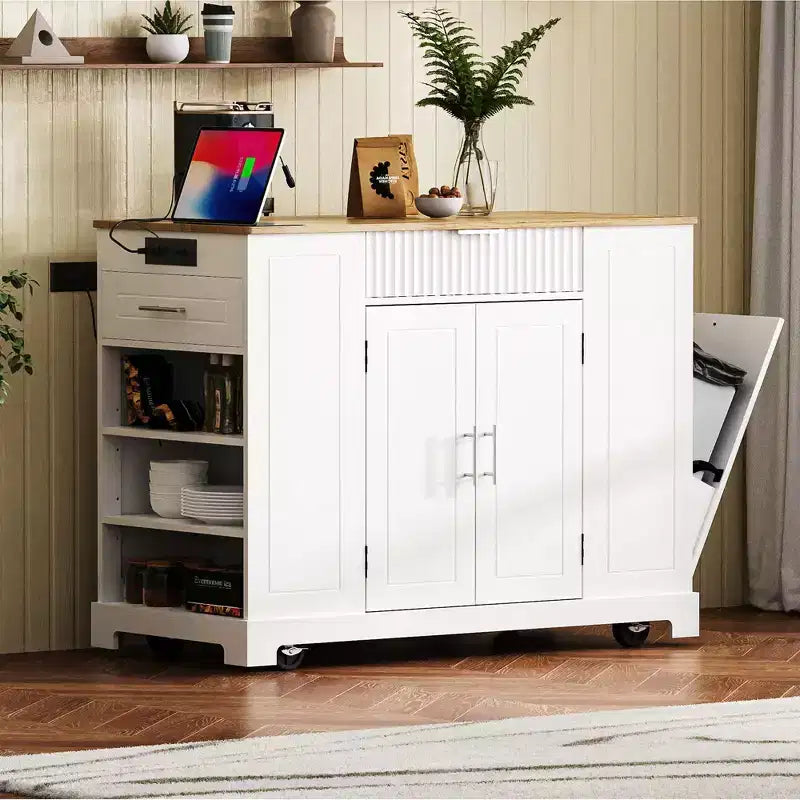 Isola da Cucina Scanalata con Mobile Contenitore per Pattumiera, Isole da Cucina Mobili su Ruote con Cassetto
