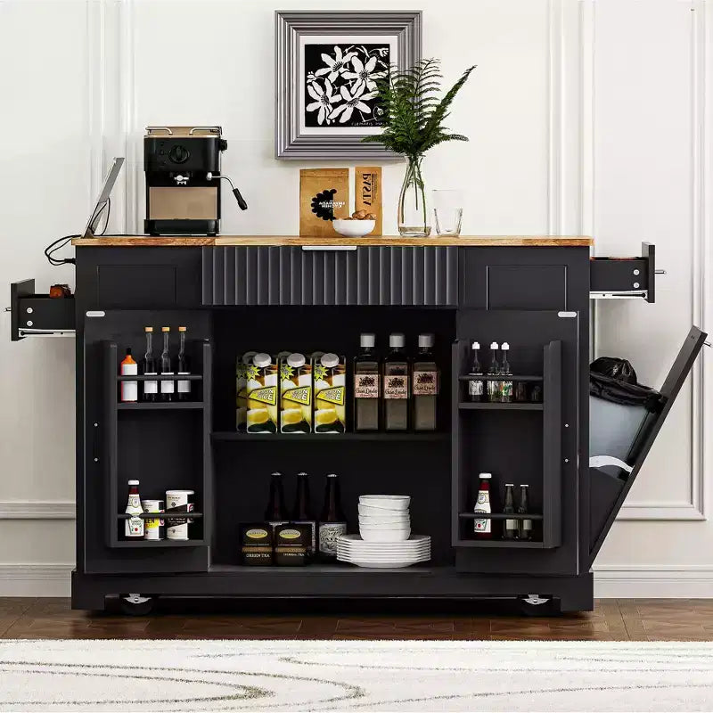 Isola da Cucina Scanalata con Mobile Contenitore per Pattumiera, Isole da Cucina Mobili su Ruote con Cassetto