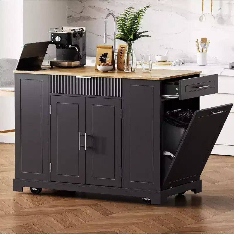 Isola da Cucina Scanalata con Mobile Contenitore per Pattumiera, Isole da Cucina Mobili su Ruote con Cassetto
