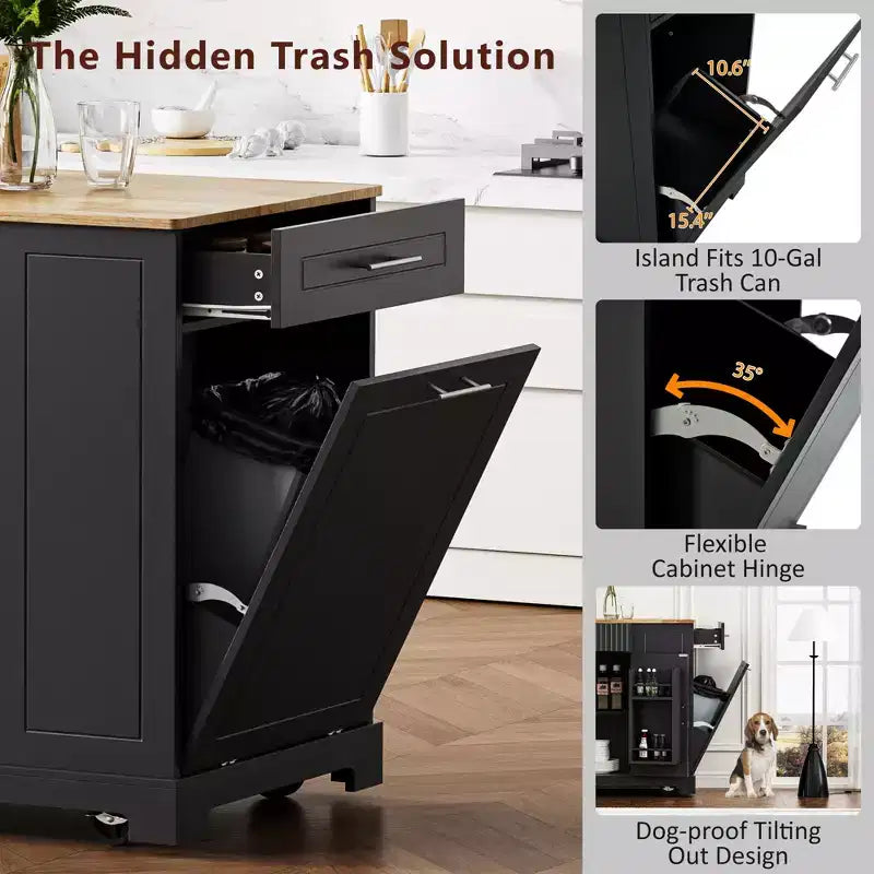 Isola da Cucina Scanalata con Mobile Contenitore per Pattumiera, Isole da Cucina Mobili su Ruote con Cassetto