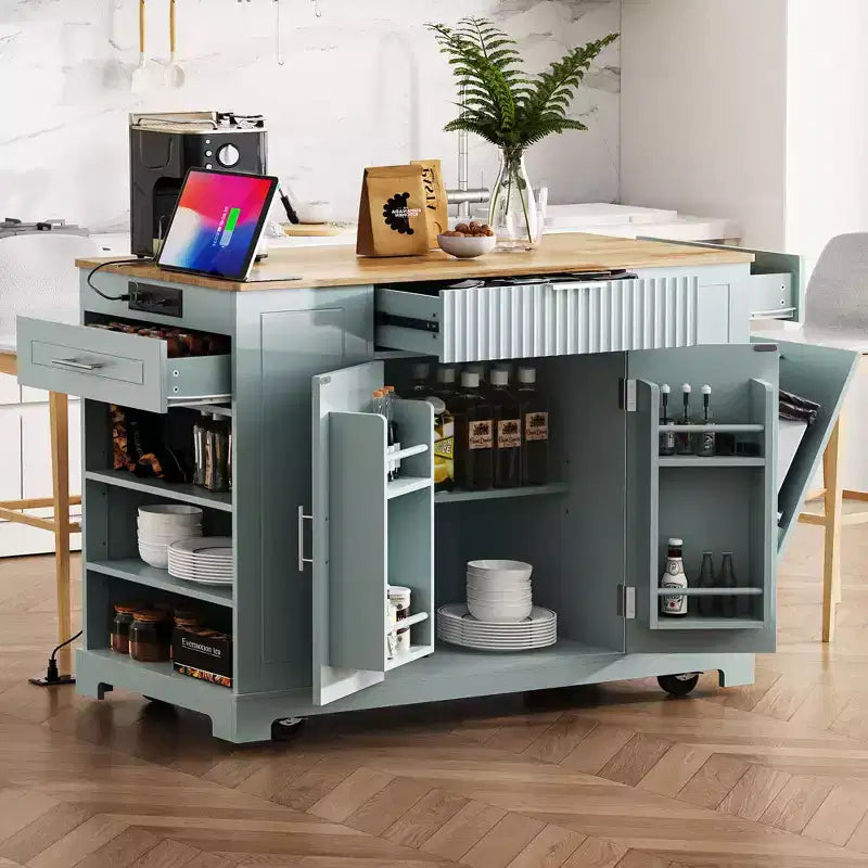 Isola da Cucina Scanalata con Mobile Contenitore per Pattumiera, Isole da Cucina Mobili su Ruote con Cassetto