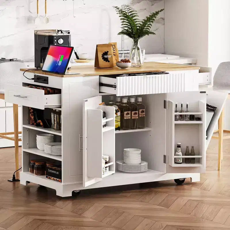 Isola da Cucina Scanalata con Mobile Contenitore per Pattumiera, Isole da Cucina Mobili su Ruote con Cassetto