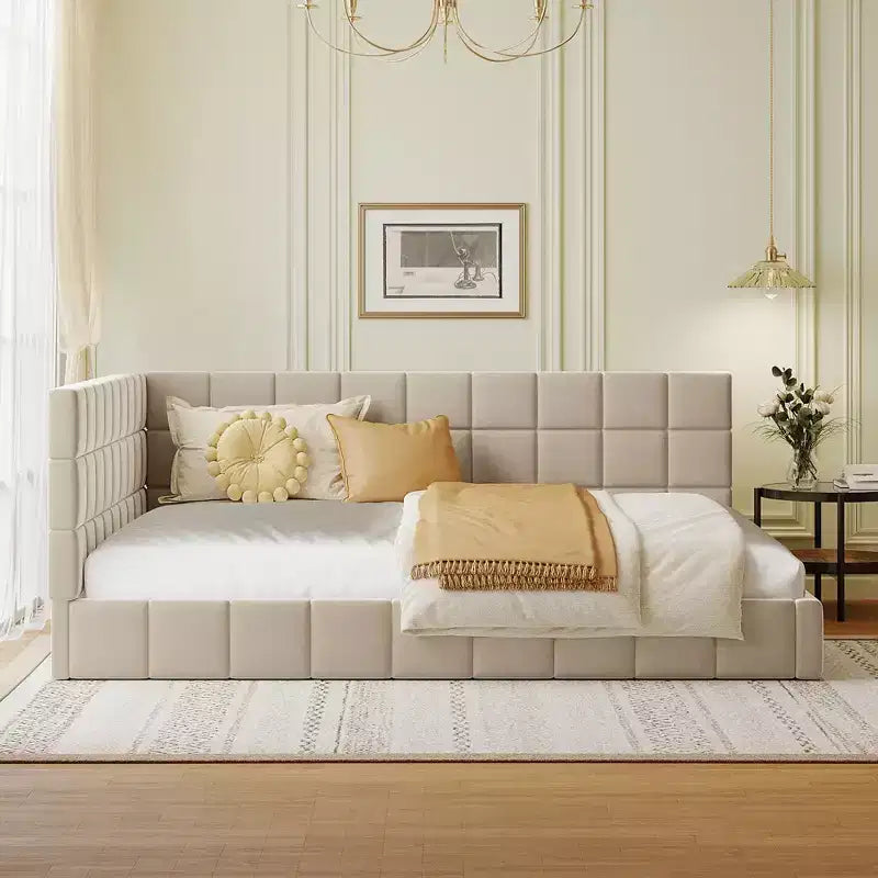 Divano Letto in Velluto a Grandezza Naturale, Struttura per Divano Letto ad Angolo di Metà Secolo con Schienale