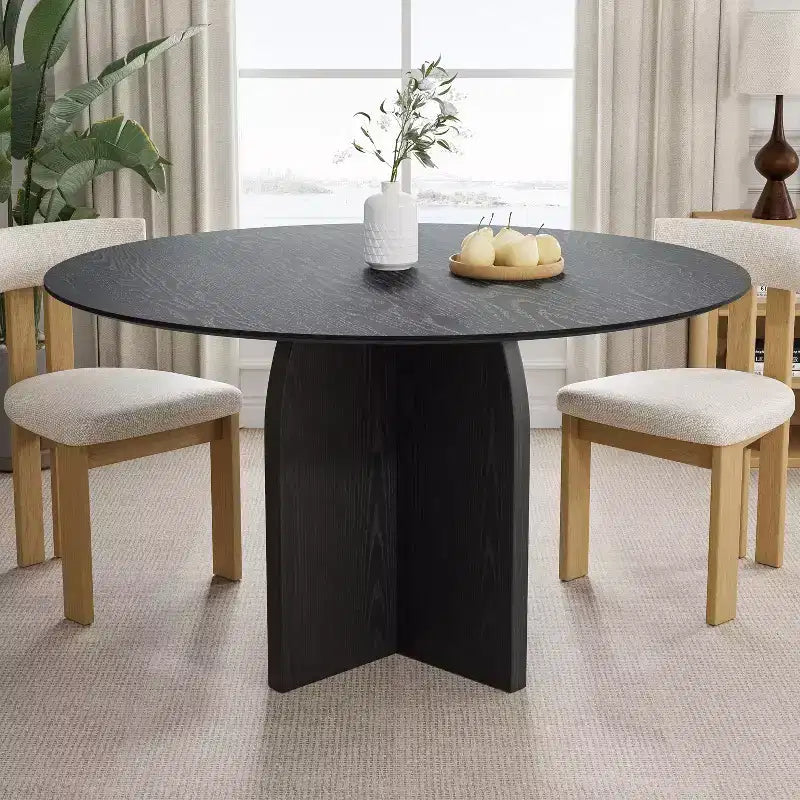 Tavolo da pranzo rotondo in legno massello da 52" x 52" con finitura nera e gambe ad arco