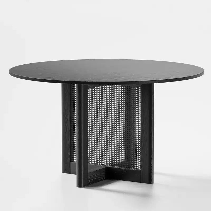 Tavolo da cucina rotondo stile rustico nero 132 cm x 132 cm con gambe in rattan intrecciato per sala da pranzo e bar