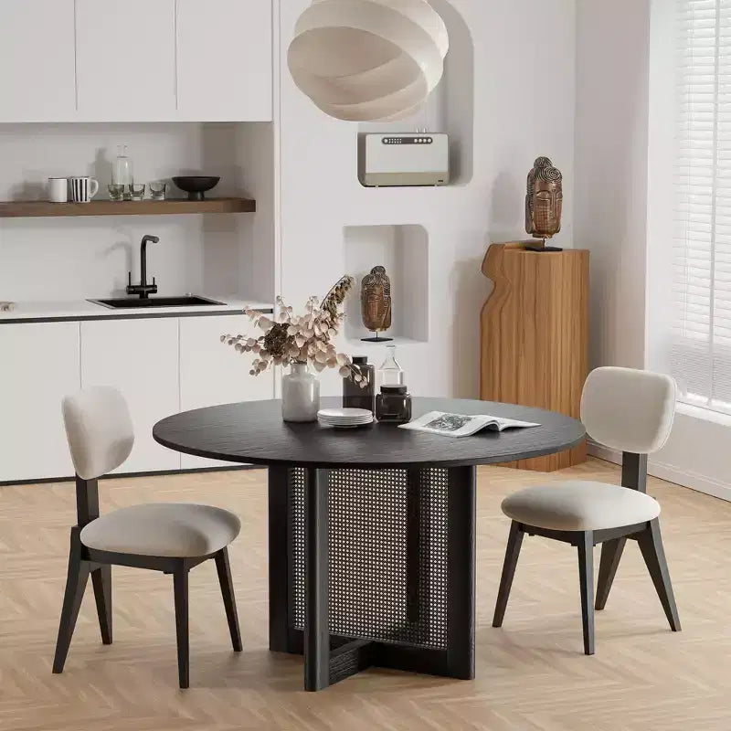 Tavolo da cucina rotondo stile rustico nero 132 cm x 132 cm con gambe in rattan intrecciato per sala da pranzo e bar