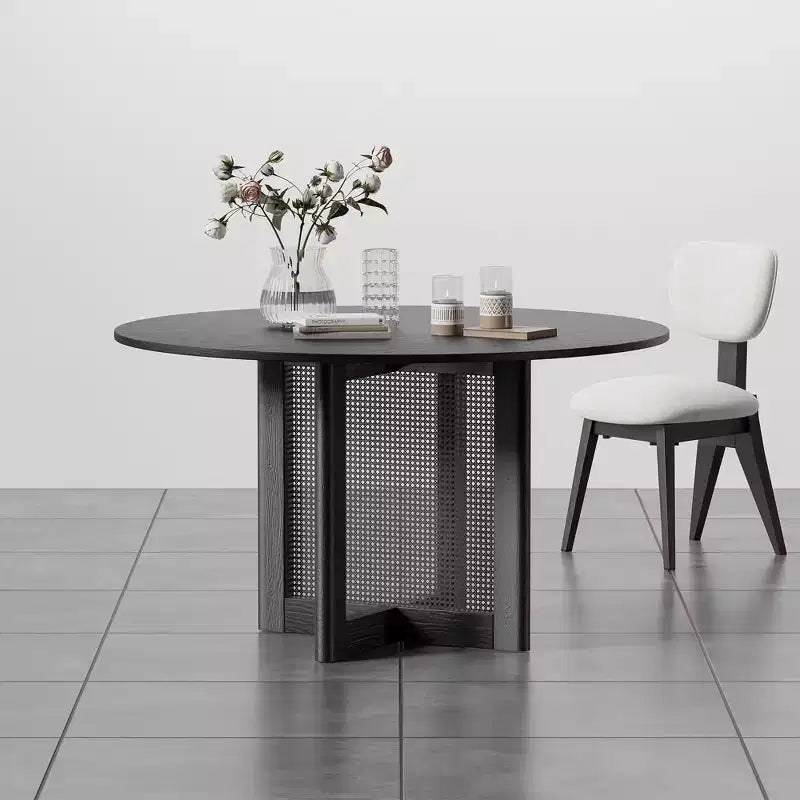 Tavolo da cucina rotondo stile rustico nero 132 cm x 132 cm con gambe in rattan intrecciato per sala da pranzo e bar