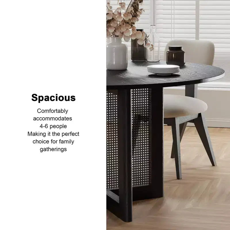 Tavolo da cucina rotondo stile rustico nero 132 cm x 132 cm con gambe in rattan intrecciato per sala da pranzo e bar