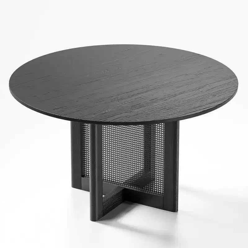 Tavolo da cucina rotondo stile rustico nero 132 cm x 132 cm con gambe in rattan intrecciato per sala da pranzo e bar