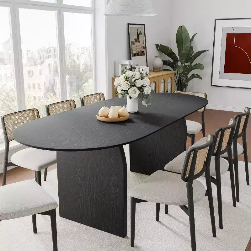 Tavolo da pranzo ovale in legno massello stile rustico con gambe ad arco, 79" x 33.5", Nero