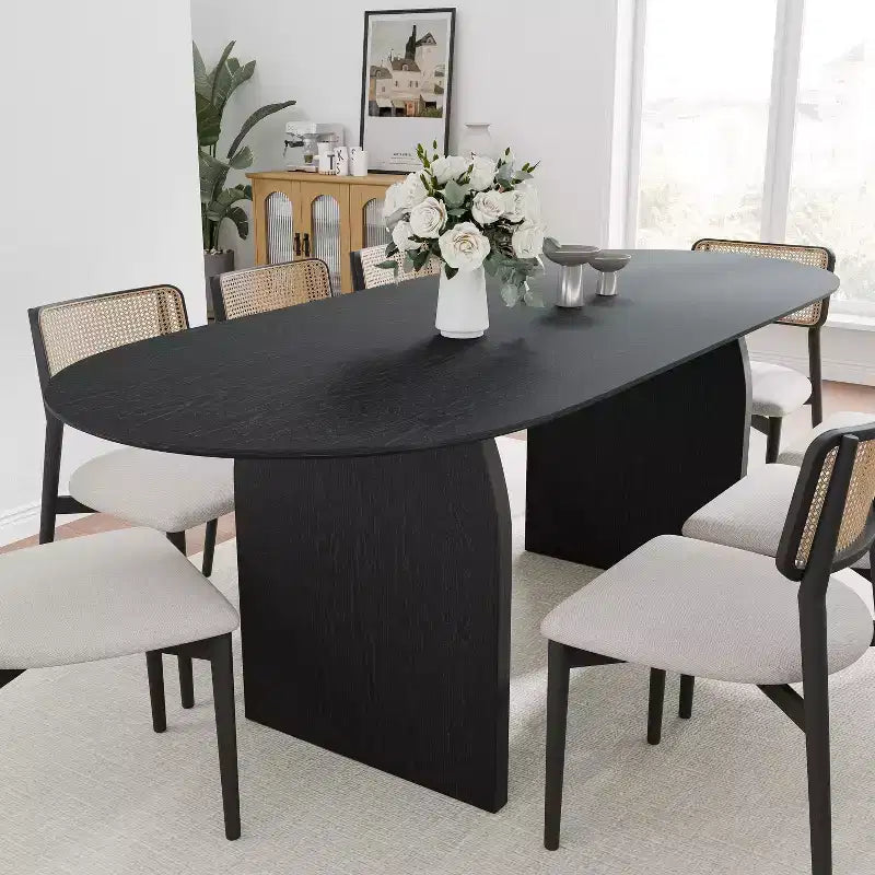 Tavolo da pranzo ovale in legno massello stile rustico con gambe ad arco, 79" x 33.5", Nero