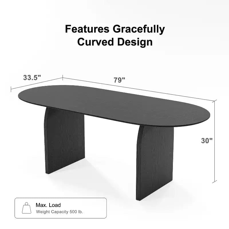 Tavolo da pranzo ovale in legno massello stile rustico con gambe ad arco, 79" x 33.5", Nero