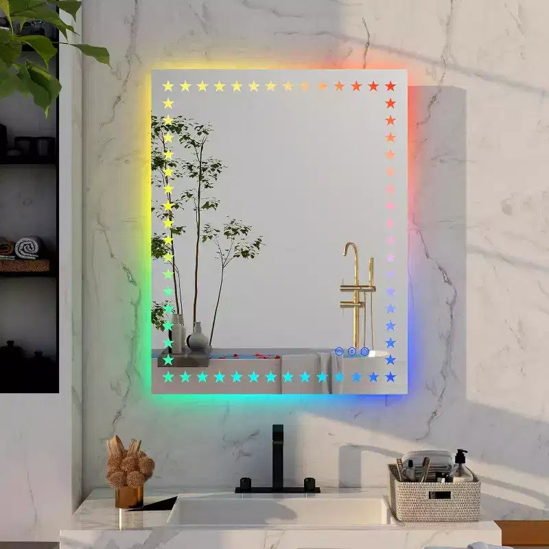 Specchio da bagno 32" x 24" con retroilluminazione RGB, luce frontale bianca, antiappannamento e funzione di memoria, a parete