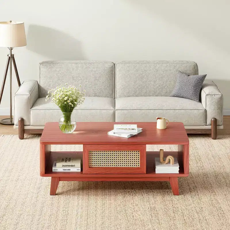 MAYEERTY 44in Cherry Modern Square Wooden Coffee Table With Rattan Drawer for Living Room