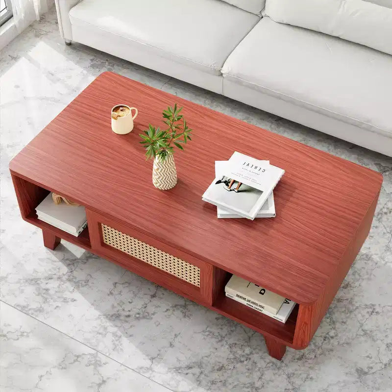 Tavolino da caffè quadrato moderno in legno di ciliegio da 44" con cassetto in rattan per soggiorno