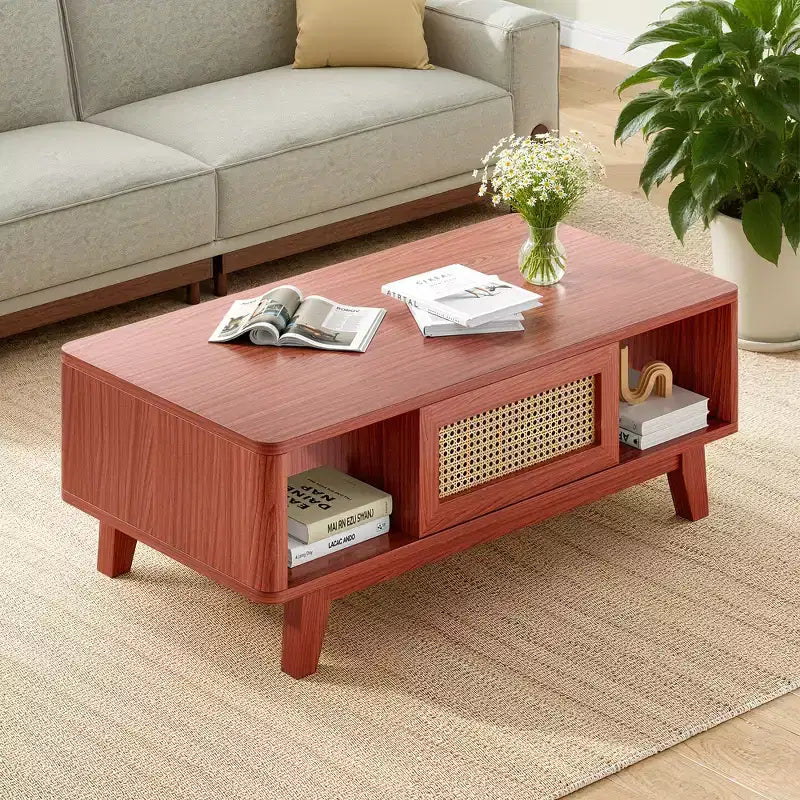 Tavolino da caffè quadrato moderno in legno di ciliegio da 44" con cassetto in rattan per soggiorno