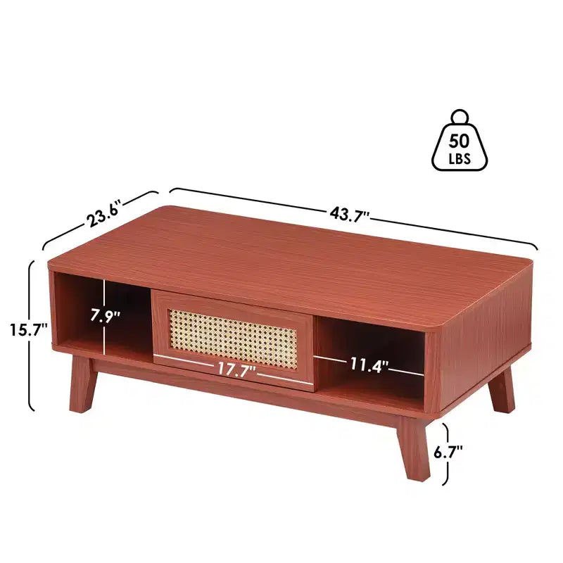 Tavolino da caffè quadrato moderno in legno di ciliegio da 44" con cassetto in rattan per soggiorno