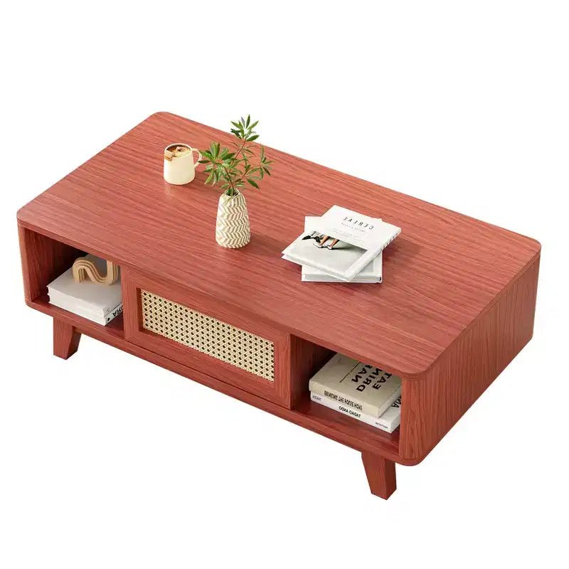 Tavolino da caffè quadrato moderno in legno di ciliegio da 44" con cassetto in rattan per soggiorno