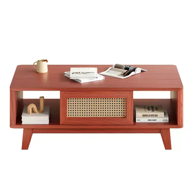 Tavolino da caffè quadrato moderno in legno di ciliegio da 44" con cassetto in rattan per soggiorno