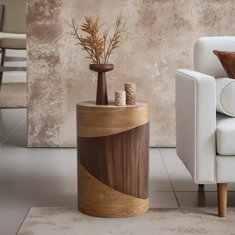 Tavolino Rotondo da 50 cm con Design Bicolore Effetto Legno, Tavolino Moderno per Soggiorno e Camera da Letto