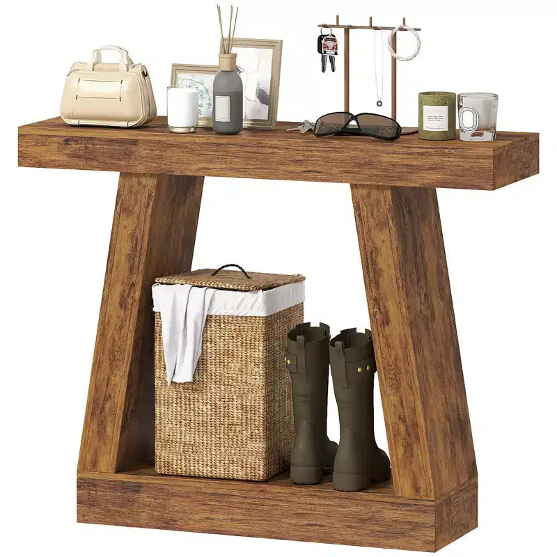 Consolle da fattoria, Tavolo d'ingresso a 2 livelli con ripiano aperto, Piano ispessito, Marrone scuro, 140 cm