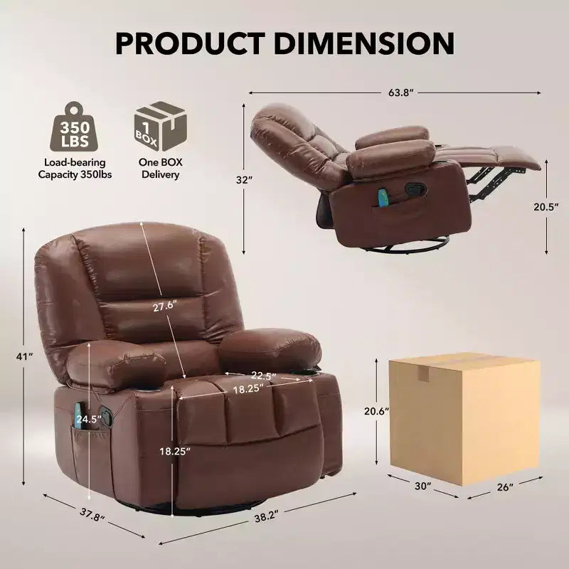 Poltrona Reclinabile Girevole a 360° con Massaggio e Riscaldamento, Recliner Oversize in Pelle PU con Tasche Laterali e Portabicchieri per Soggiorno, Cameretta