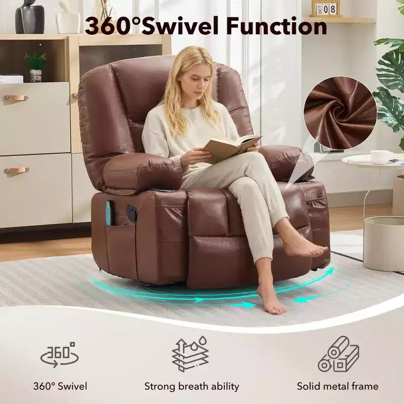 Poltrona Reclinabile Girevole a 360° con Massaggio e Riscaldamento, Recliner Oversize in Pelle PU con Tasche Laterali e Portabicchieri per Soggiorno, Cameretta