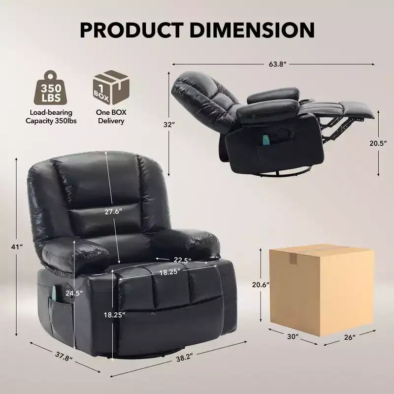 Poltrona Reclinabile Girevole a 360° con Massaggio e Riscaldamento, Recliner Oversize in Pelle PU con Tasche Laterali e Portabicchieri per Soggiorno, Cameretta