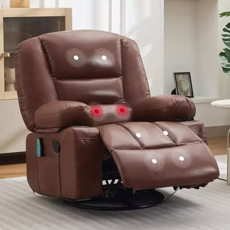 Poltrona Reclinabile Girevole a 360° con Massaggio e Riscaldamento, Recliner Oversize in Pelle PU con Tasche Laterali e Portabicchieri per Soggiorno, Cameretta