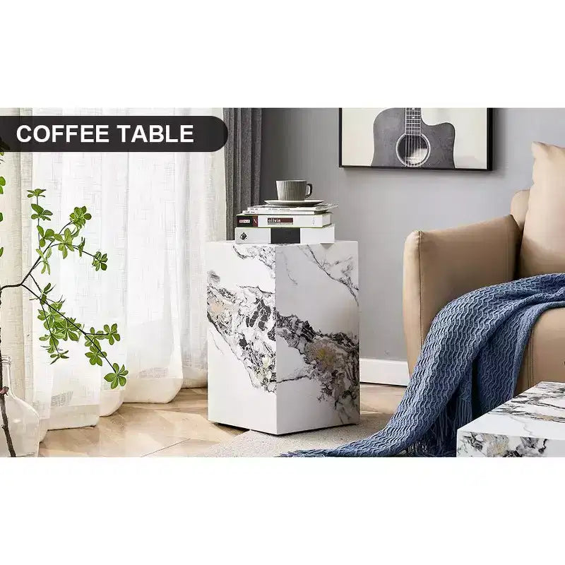 Tavolino moderno in MDF con texture in marmo bianco, base a piedistallo, 50 cm A