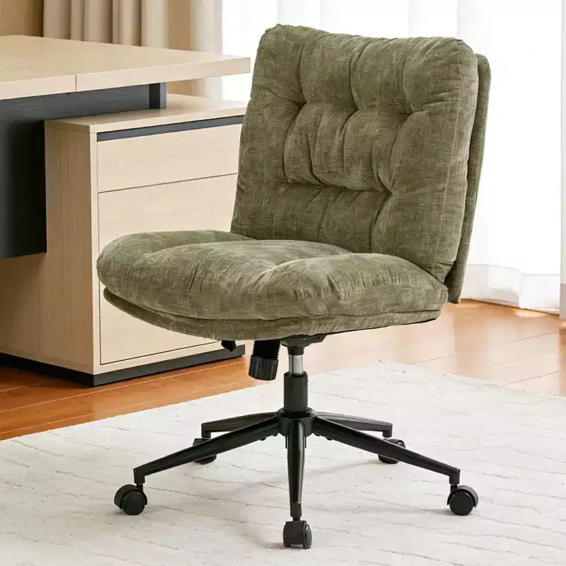 Sedia incrociata in ciniglia con ruote, sedia da vanità girevole a 360° regolabile in altezza con doppio cuscino, sedile ergonomico ampio per camera da letto, soggiorno