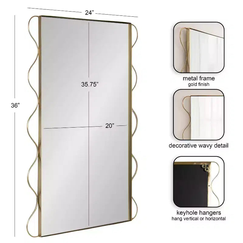Specchio da Parete Ondulato, Cornice in Metallo, Dorato, 61 x 91 cm