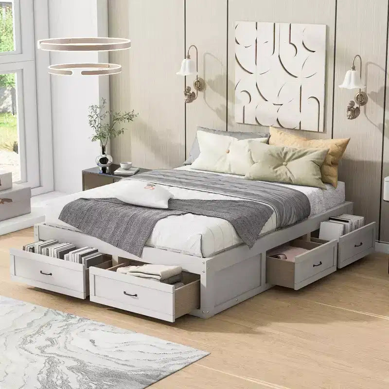 Letto a piattaforma matrimoniale con 6 cassetti, struttura in pino, capacità 181 kg, facile montaggio