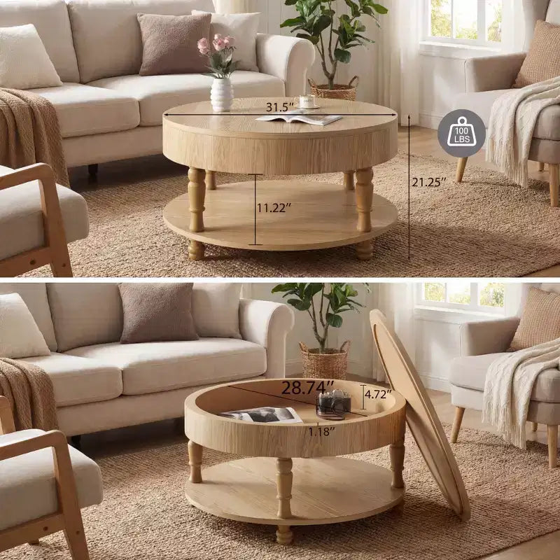 Tavolino Rotondo con Doppio Contenitore, Vano Nascosto e Piedini Regolabili, Legno Naturale, 80 cm