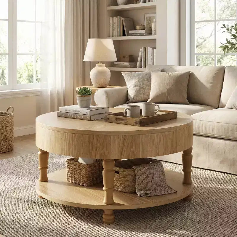 Tavolino Rotondo con Doppio Contenitore, Vano Nascosto e Piedini Regolabili, Legno Naturale, 80 cm