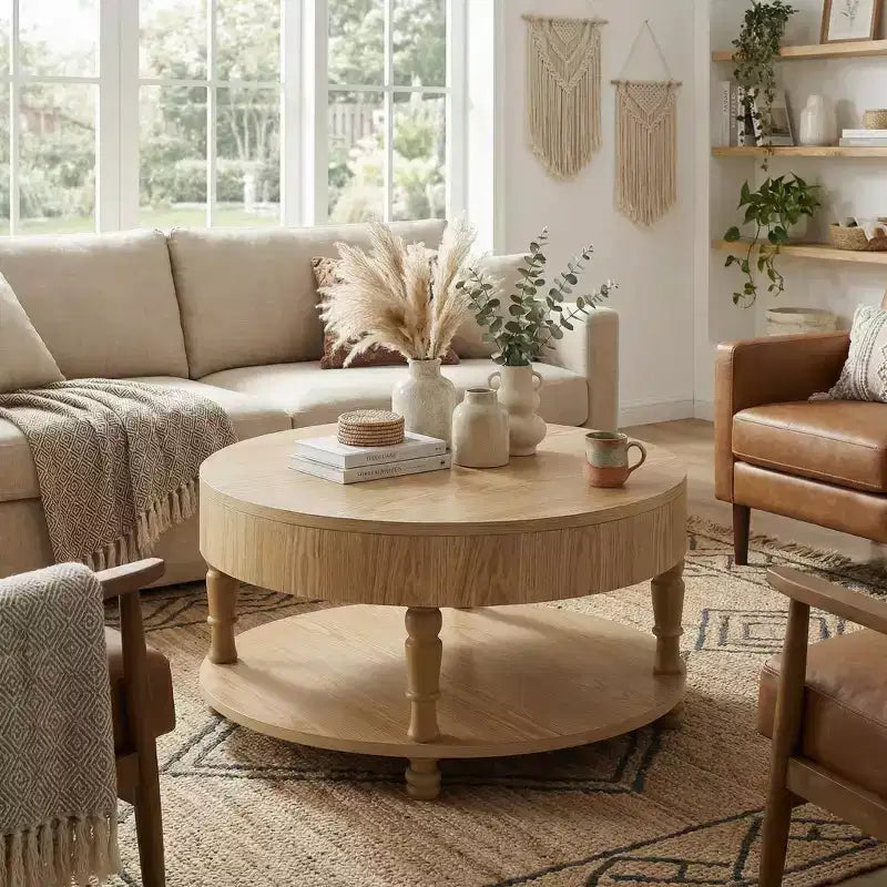 Tavolino Rotondo con Doppio Contenitore, Vano Nascosto e Piedini Regolabili, Legno Naturale, 80 cm